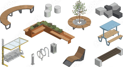 Modern isometric urban street furniture collection for public park landscape architecture and city infrastructure planning projects