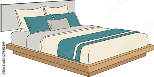 Modern wooden platform bed vector illustration with minimalist headboard and teal pillows isolated on white background