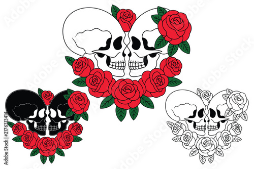 Skull lovers with red roses vector t-shirt illustration, romantic skull design, gothic floral artwork, vintage graphic, apparel print, craft

