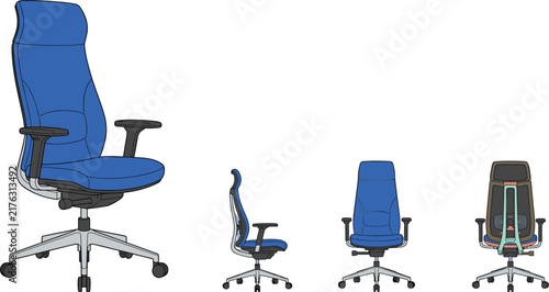 Professional blue ergonomic office chair illustration featuring front side and back views for modern workspace and business