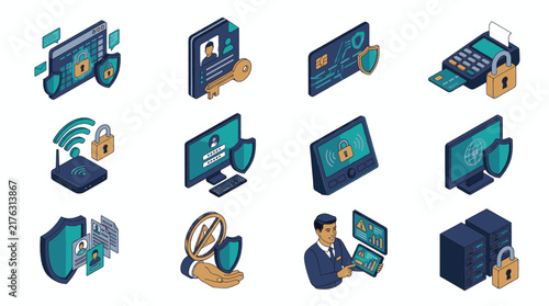 Collection of Isometric Icons Representing Digital Security and Data Protection Concepts.