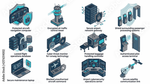Collection of isometric icons representing airport security and technology systems for aviation safety and cybersecurity.