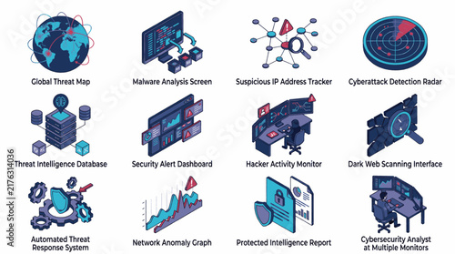 Cybersecurity Icons Set Illustrating Threat Intelligence and Network Security Concepts.