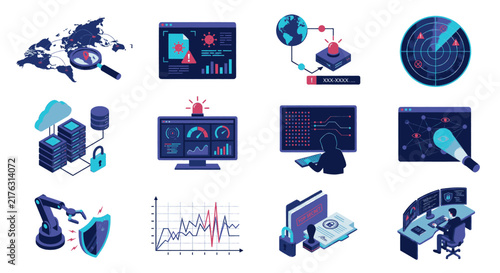 Cybersecurity and data protection icons illustrating digital threats and network security measures.