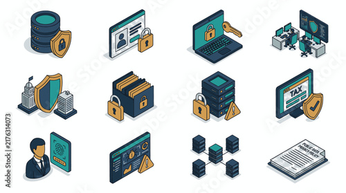 Collection of Isometric Icons Representing Cybersecurity and Data Protection Concepts.