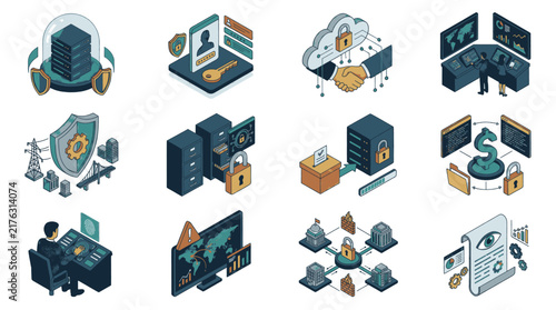 Cybersecurity and data protection concepts illustrated with isometric icons, representing digital security, network protection, and online privacy.