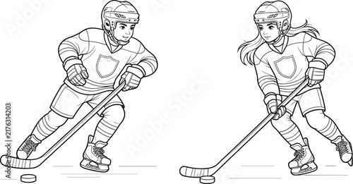 Photography Vector line art illustration of young boy and girl ice hockey players skating wi