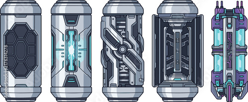 Set of futuristic science fiction energy canisters with glowing power cells for video game asset design