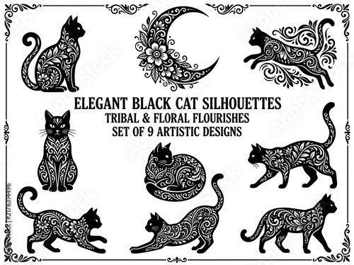 Mystical Black Cat and Floral Flourishes Vector Collection Isolated on White Background
