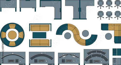 Top view office furniture collection for floor plan design with desks chairs sofas and workstation equipment icons