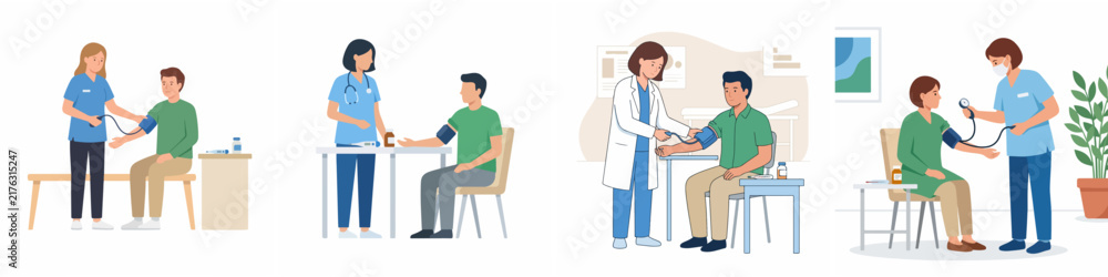 Obraz premium Vector illustration set of medical professionals measuring blood pressure of patients in a clinic. Healthcare workers using sphygmomanometer cuffs for physical exams and health screening.