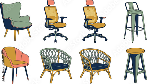 Set of modern chair vector illustrations featuring ergonomic office seating armchairs and bar stools for furniture design