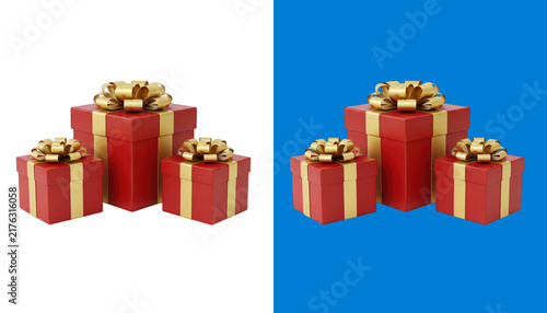 Three red gift boxes with gold ribbons isolated on transparent background