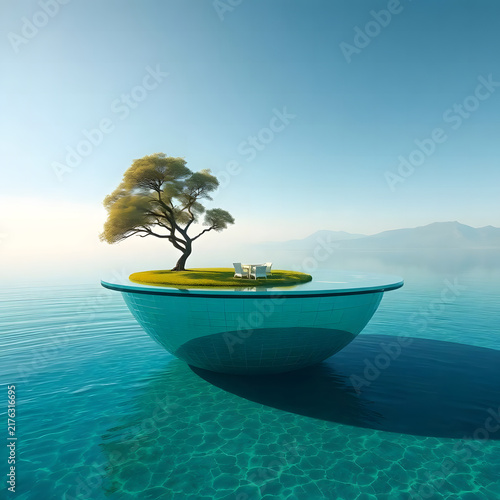A small leafy tree stands on a rounded floating island above deep turquoise ocean water, with a soft blue sky and distant horizon forming a clean, serene, minimalist composition.