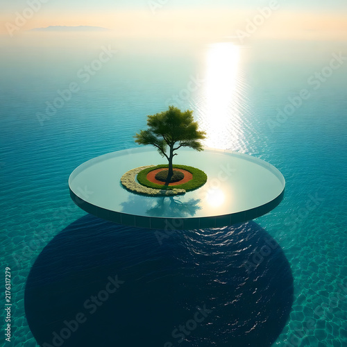 A small tree stands at the center of a circular floating island above the ocean, surrounded by a bright ring of sunlight reflected on the water, creating a striking celestial and minimalist compositio
