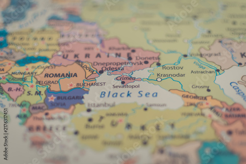 Selective focus on Crimea and Ukraine on a political map, representing geopolitical conflict, war, and sovereignty