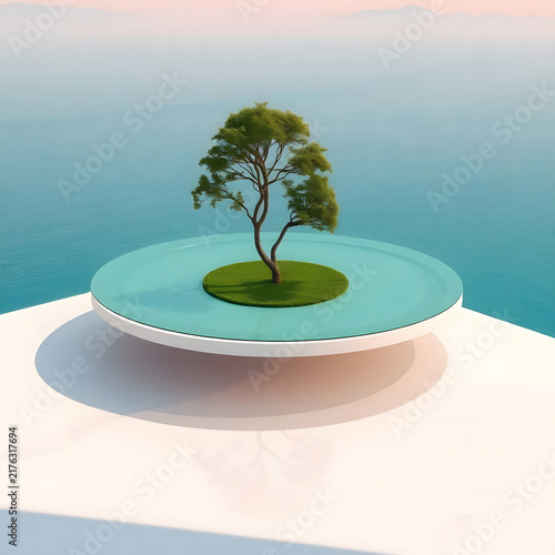 A lone wind-shaped tree grows from a small circular green island floating above a vast turquoise ocean, with a soft pastel sky and distant horizon creating a dreamlike minimalist composition.