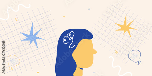 A female portrait with abstract elements that embody mental well‑being, creative exploration, and philosophical reflection
