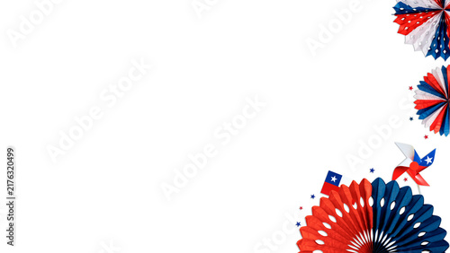 Chilean flag colored paper fan decorations and pinwheel on transparent background