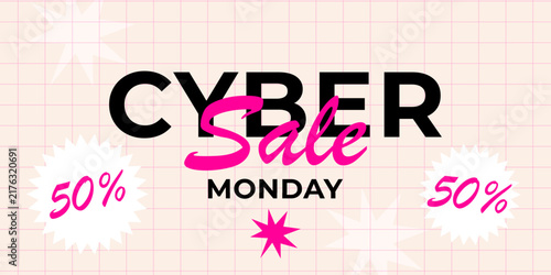 An advertising banner for the “Cyber Monday” sale with the text and a 50% discount on a pastel checkered background