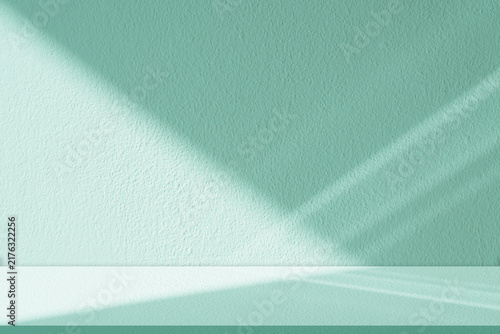 Mint green background with soft shadow and natural light on textured wall and floor, minimal studio interior with abstract leaf shadow, empty space for product display, spring design cosmetic mockup.