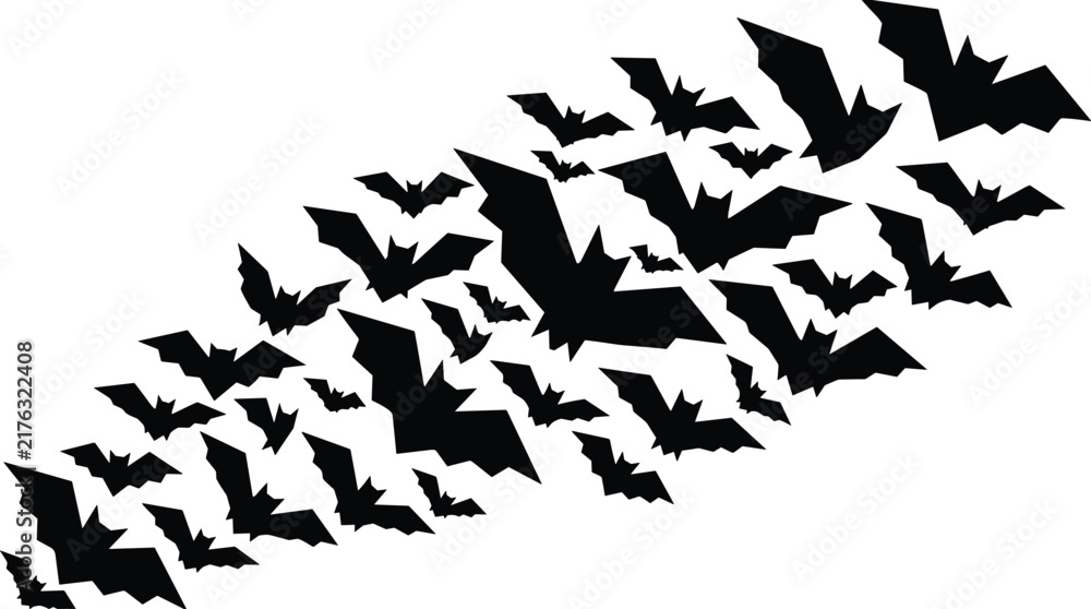 Fototapeta premium Flying Bats Swarm Silhouette Stream for Halloween Backgrounds, Papercraft, and Spooky Graphic Design
