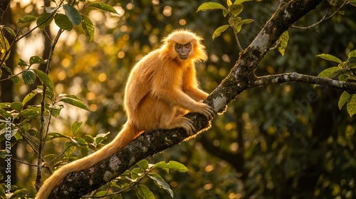 Golden langur monkey resting on a tree branch.