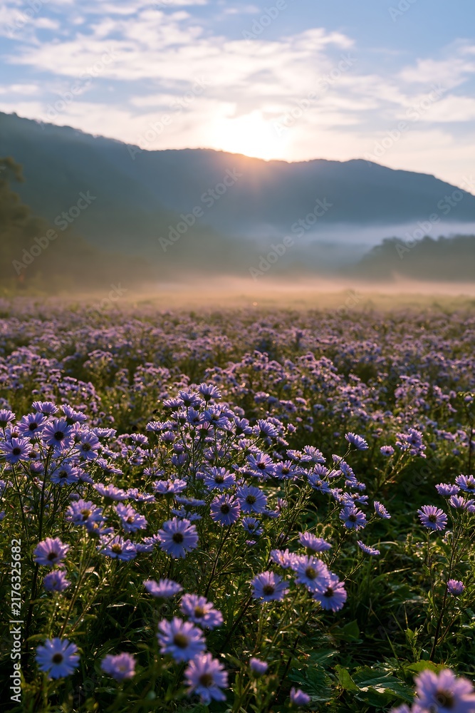 Obraz premium Expansive Hokkaido restoration meadow with dewdrops