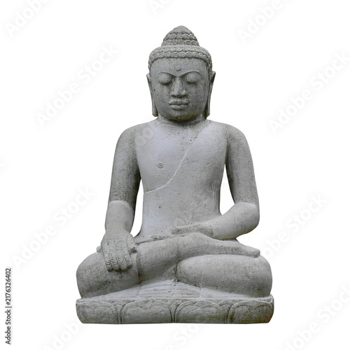 Fotografía A serene grey stone sculpture of Buddha sitting in a traditional lotus meditation position, featuring calm facial features and detailed monastic robes