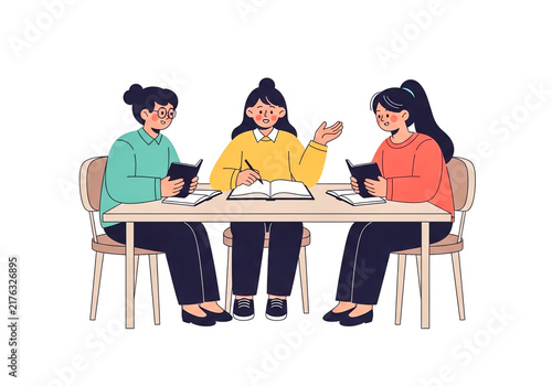 Three female students studying together at a table