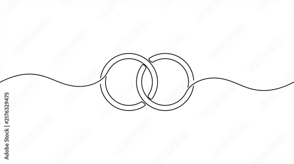 Obraz premium Continuous one line art interlocking wedding rings wavy baseline icon