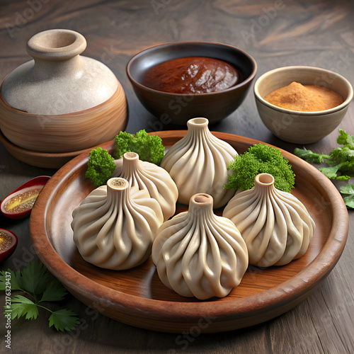 Aromatic Khinkali dumplings. presented on a wooden platter with garnishing herbs. displayed with a dipping sauce. Traditional Georgian cuisine with appetizing presentation.