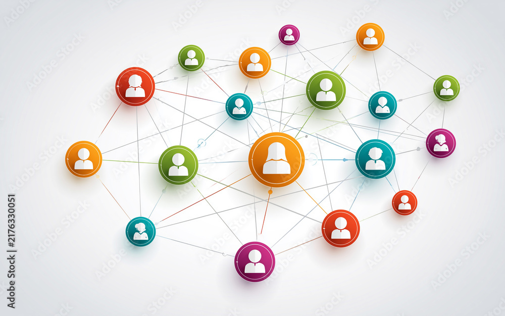 Obraz premium Colorful circular icons representing people are connected by lines on a white background, illustrating a network or social graph.