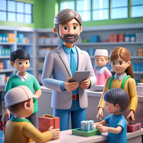 Pharmacist interacting with children in a pharmacy setting.