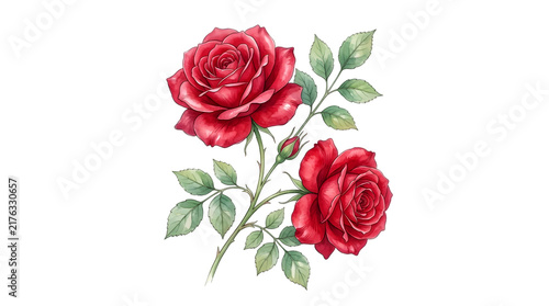 Two beautiful red roses with green leaves
