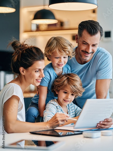 Happy family with children looking at documents for new home tenancy