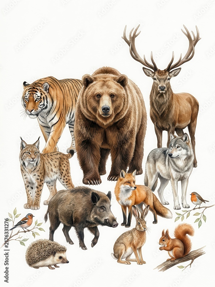 Fototapeta premium Collection of Realistic Wild Animals Illustration Including Bear Tiger Deer Wolf Fox and Lynx on White Background