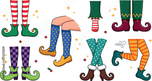 Foto Christmas Elf Legs and Shoes Vector Set Featuring Striped Stockings Patterned So