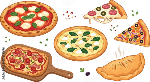 Delicious Pizza Vector Set Featuring Margherita Pepperoni Veggie Slices Calzone Spinach White Pizza and Flatbread on Wooden Board