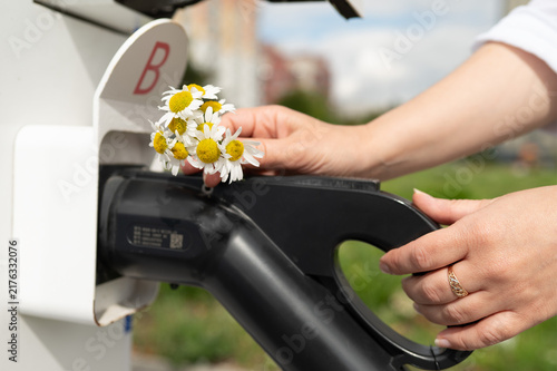 Close up of female hands gently putting a small bouquet of fresh white chamomile flowers onto a black electric vehicle charger nozzle at a public station. Green energy, sustainable lifestyle, and eco-