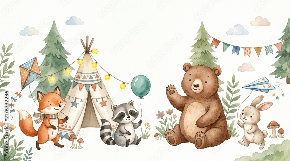 Fototapeta premium Watercolor Forest Animals Camping Illustration with Fox, Bear, Raccoon, and Rabbit in a Whimsical Woodland Setting