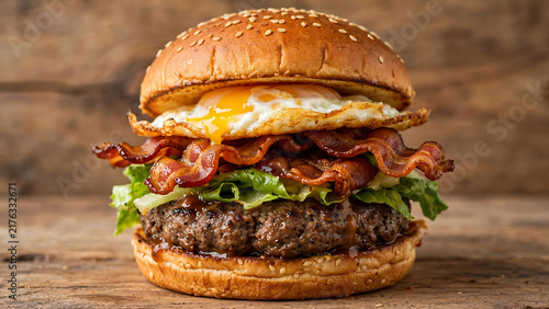 Delicious Breakfast Burger with Sunny Side Up Egg Crispy Bacon and Beef Patty on Wooden Surface