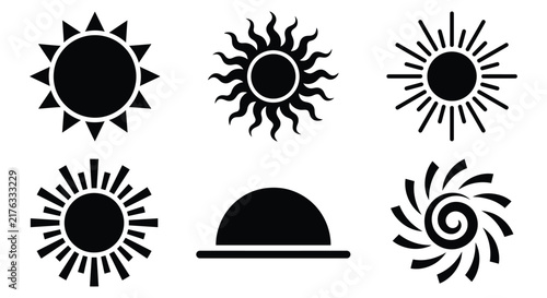 фотографія Collection of black sun silhouettes with radiating lines against a white backgro