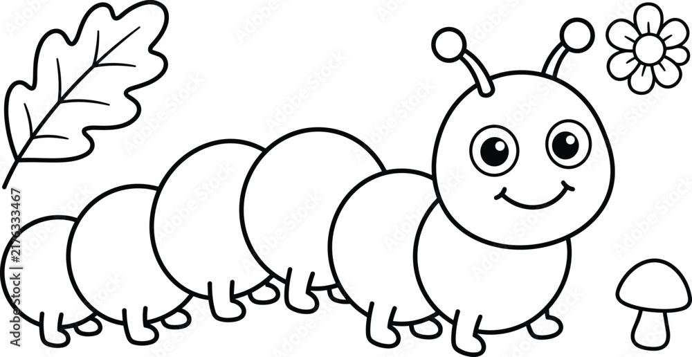 Fototapeta premium Cute Coloring Page Featuring a Happy Cartoon Caterpillar Crawling in Nature Next to a Flower Mushroom and Leaf for Kids Activity Books