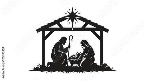 Картината върху платно Nativity scene silhouette vector, holy family in stable with Bethlehem star, Chr