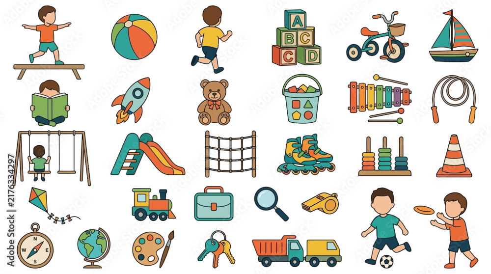 Naklejka premium Collection of colorful flat vector illustrations depicting childhood and recreational activities