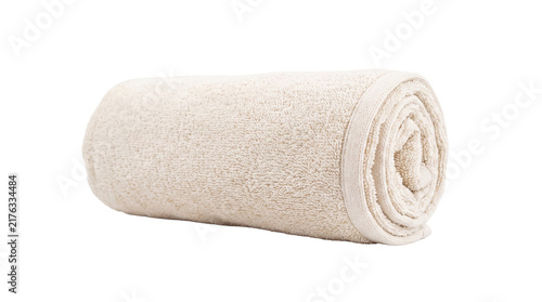 Soft bamboo fiber bath towel rolled neatly isolated on white background