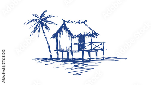 Hand drawn sketch of a tropical beach hut with palm