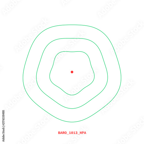 Barometric pressure gauge interface with green topographic contours and red center point.