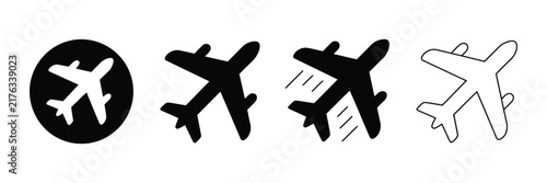 Airplane, takeoff aircraft icons with black flying plane silhouettes, airport airline symbols, circular logos, and clean vector pictogram designs